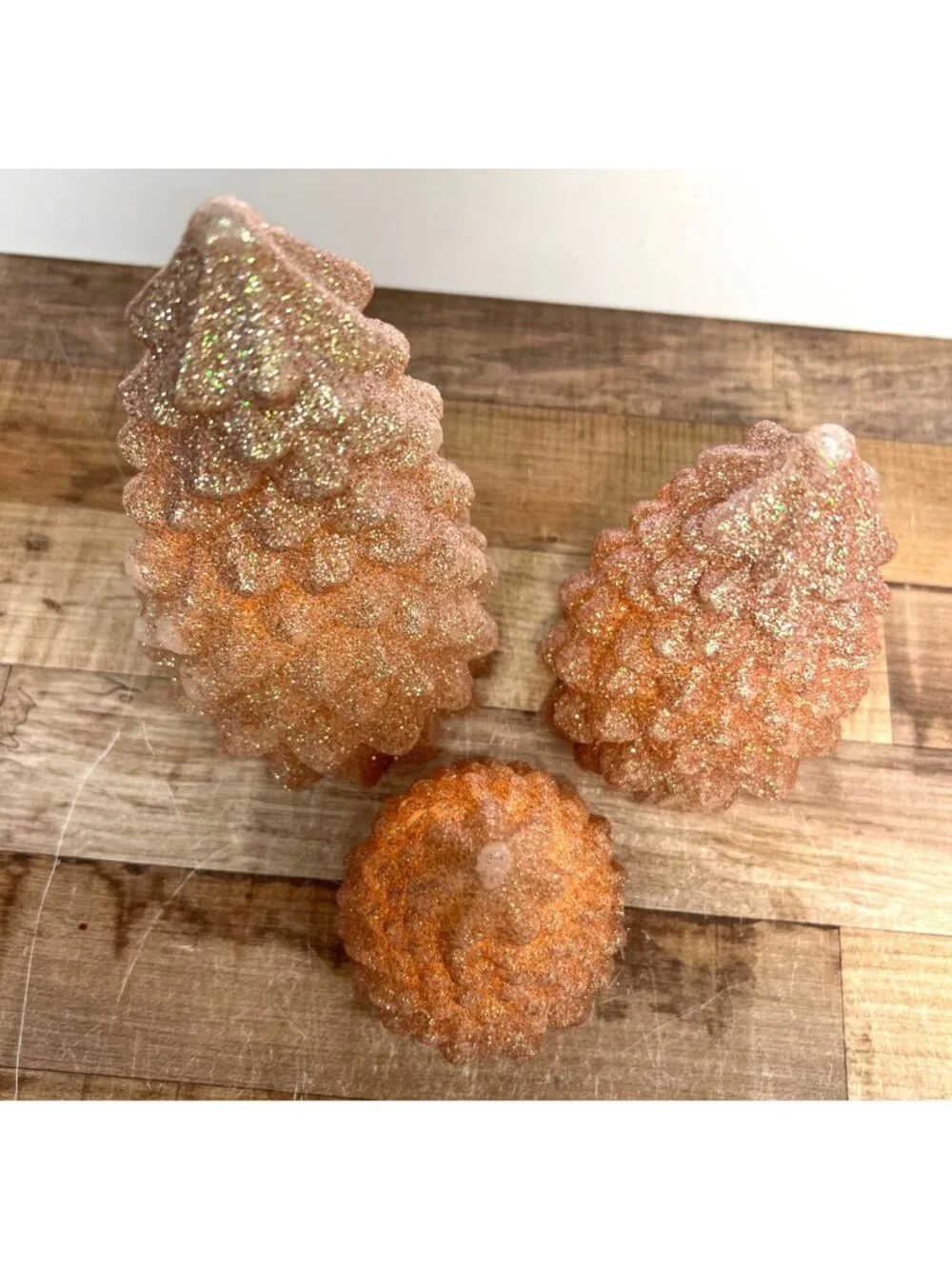 Set Of 3 Glittered LED Christmas Trees In Rose Gold - Battery Operated Festive